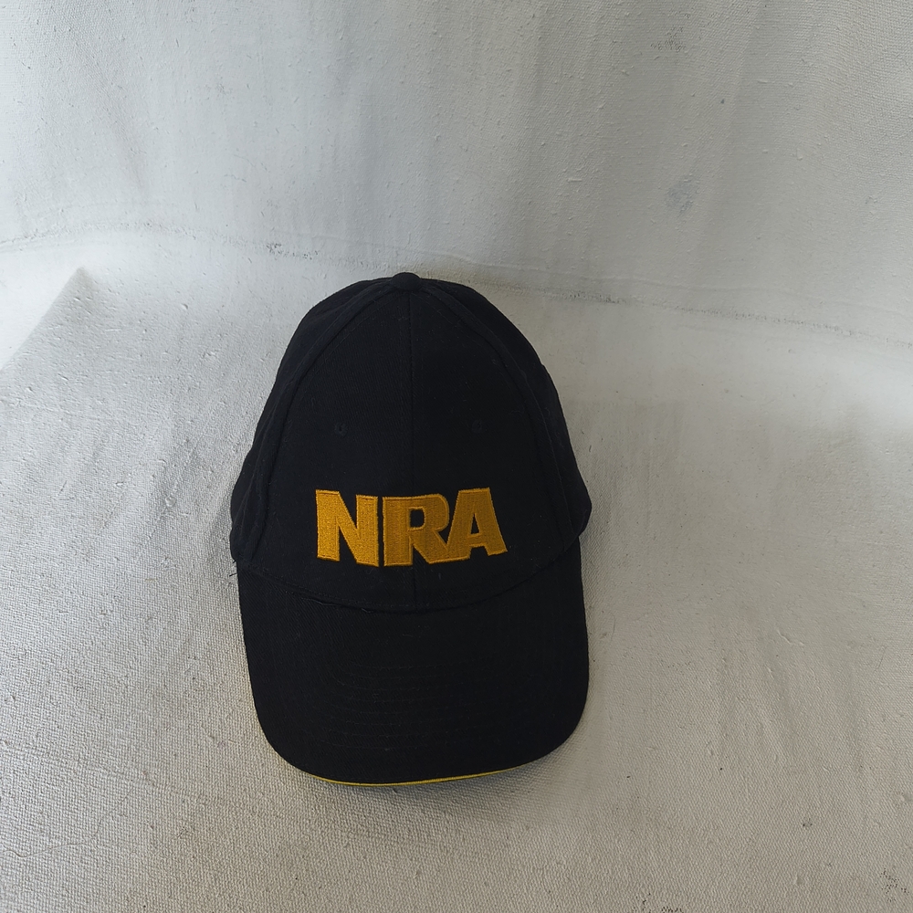 Men's Adjustable Black Cap with Yellow NRA Logo And An American Flag Patch
